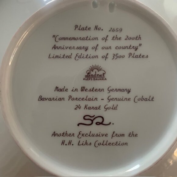 Rare Spirit of America H.H. Lihs Collection Bavarian Porcelain Plate - 24K Gold - Picture 3 of 7